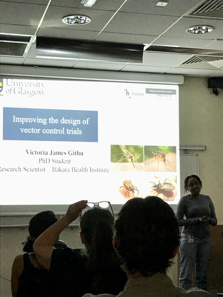 Excellent talk today by <a href="/vicsterjay/">Victoria Githu</a> - PhD student @UofG_SBOHVM <a href="/VectorsGlasgow/">VectorsGlasgow</a> &amp; research scientist <a href="/ifakarahealth/">Ifakara Health Institute</a> 

Victoria's research aims to improve the design of vector control trials to optimise disease control

<a href="/drheatherferg/">Heather Ferguson</a> <a href="/paulcdjo/">Paul Johnson</a> <a href="/Kiware2/">Samson Kiware</a>