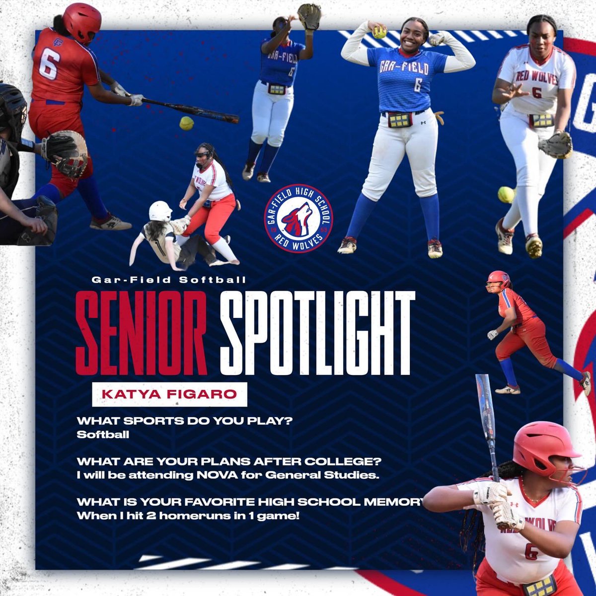 📣SENIOR SPOTLIGHT📣
🔵🔴 Katya Figaro 🔴🔵
-3 years on varsity
-1 year as a manager
-Attending NOVA in the fall for General Studies 

Thank you for your contribution to Gar-Field Softball! Best of luck in your future ✨ <a href="/G_FHSAthletics/">Gar-Field Athletics</a>