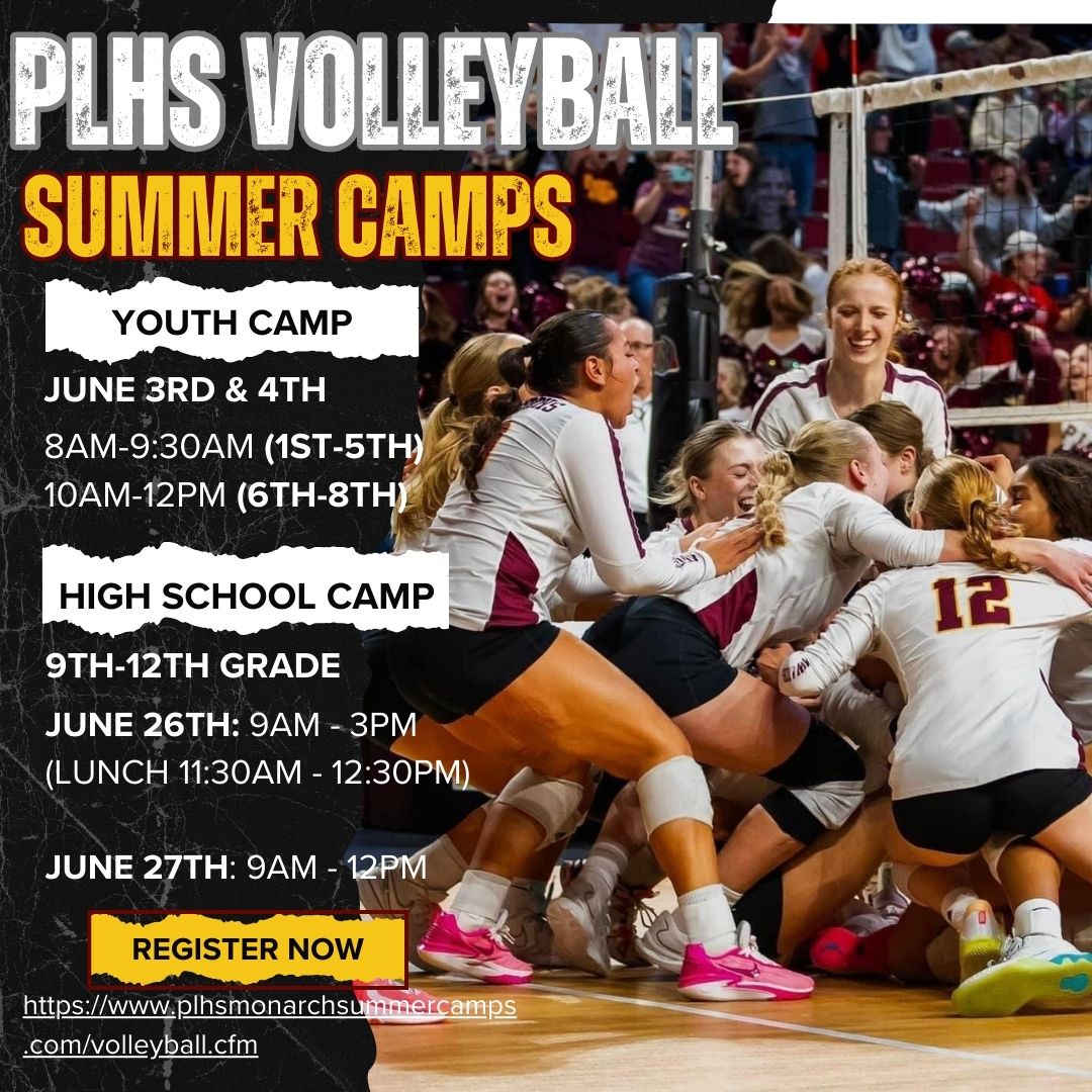 Come train with the Monarchs this summer!! 🏐🤩 Sign up by May 15th to ensure you receive a t-shirt! @PLPulse plhsmonarchsummercamps.com/volleyball.cfm