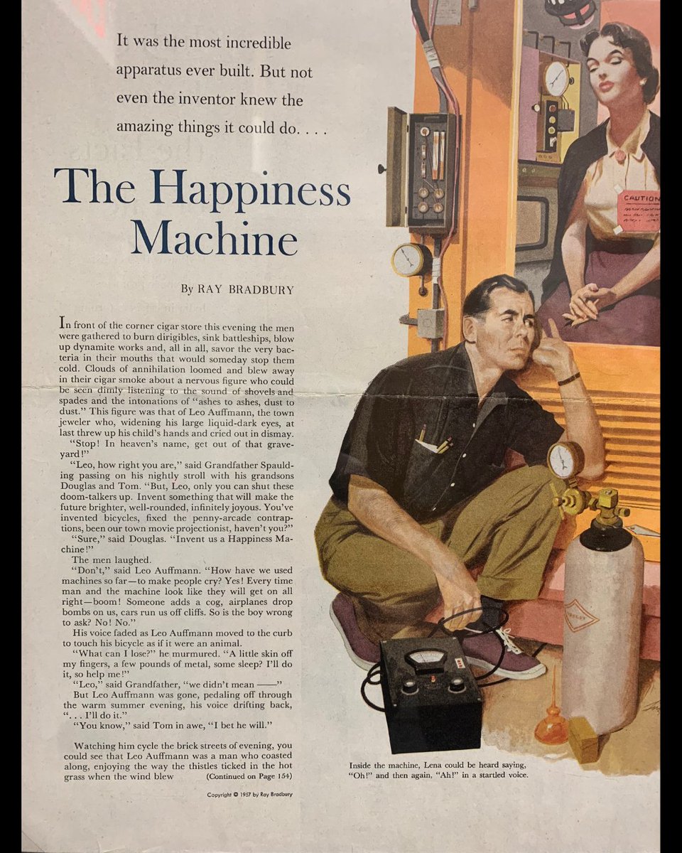 Check out this gorgeous tear sheet of Ray Bradbury's short story, 'The Happiness Machine' from 1957! Have you ever read this short story? Share your favorite quote in the comments! #RayBradbury #ShortStory #TearSheet