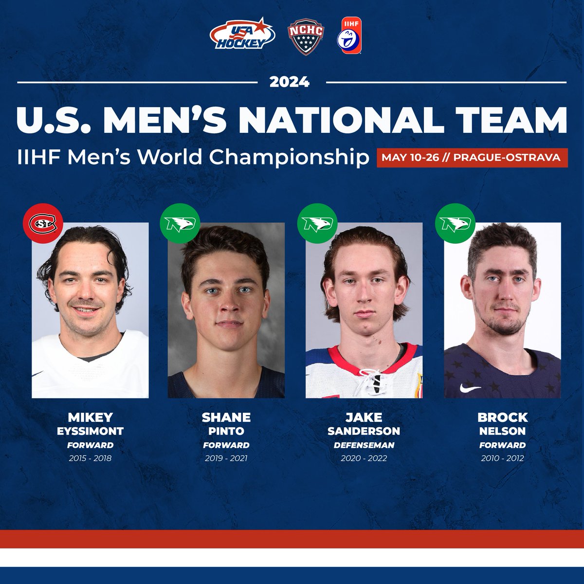 #TeamUSA opens play today and we'll have 4️⃣ alums of #NCHChockey teams represented on @usahockey! 🇺🇸 📰: bit.ly/2024TeamUSA Best of luck to all our alumni participating at 2024 @IIHFHockey #MensWorlds!