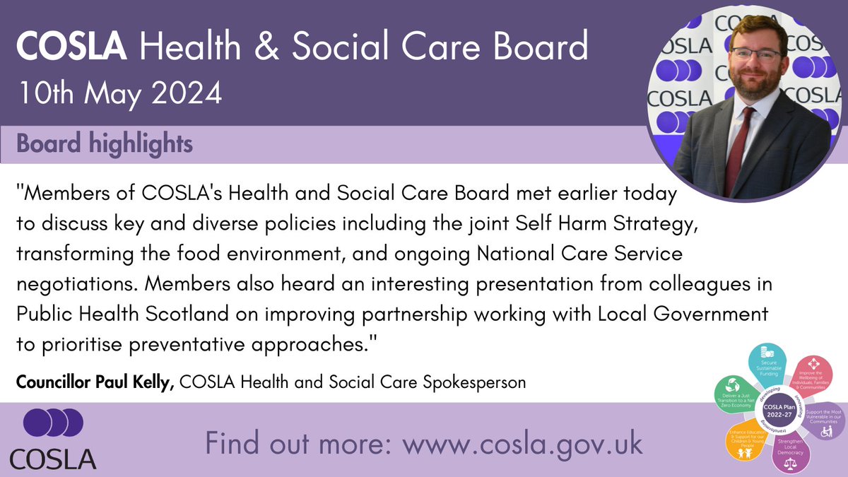 COSLA's Health and Social Care Board, chaired by Spokesperson , @cllrpaulkelly, met today. A busy and important Agenda - which can be read on the COSLA website here: cosla.gov.uk/__data/assets/… Read some highlights from our chair ⬇️