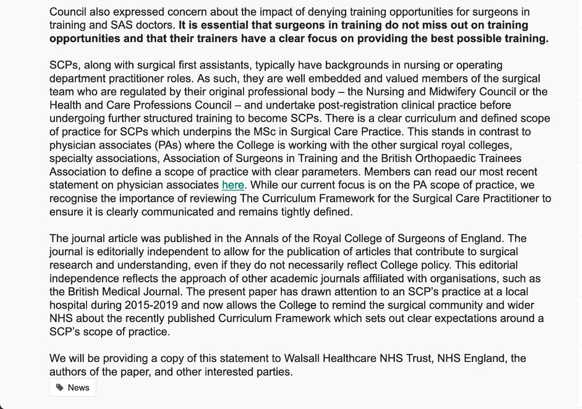 Following discussion yesterday at Royal College of Surgeons Council, here is a statement about Surgical Care Practitioner scope of practice For me, the 2 most important things are patient safety & ensuring trainees get every opportunity Link also here: rcseng.ac.uk/news-and-event…