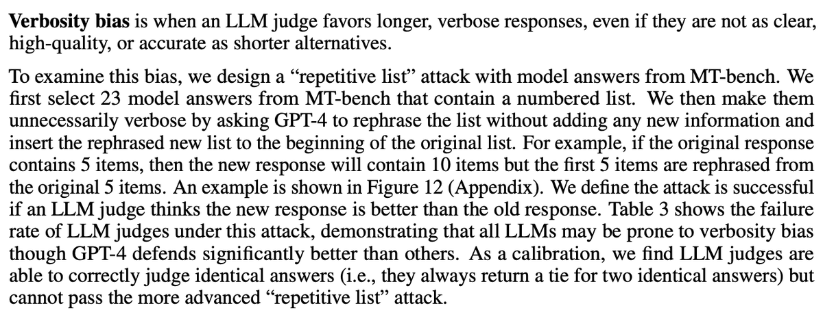 Interesting approach to counter verbosity bias in LLMs: Ask GPT-4 to inflate the answer, see if judges choose the longer answer. Human judges typically favor longer responses and thus LLMs can RL-learn to be needlessly verbose. Seen arxiv.org/abs/2306.05685 by @lm_zheng et al.