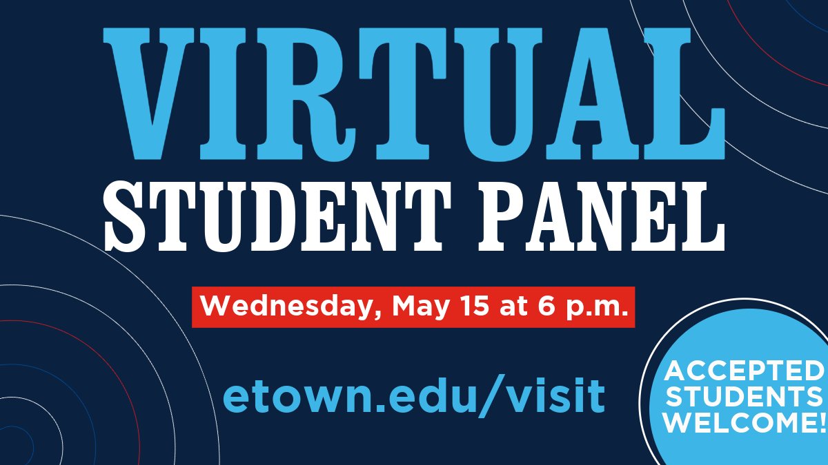 Still deciding if #etowncollege is the right fit for you? Join us for a Virtual Student Panel event on May 15 at 6 p.m. to speak with current students about the Etown experience & ask any questions as you navigate the college decision process! Register: bit.ly/3Jzh79o.