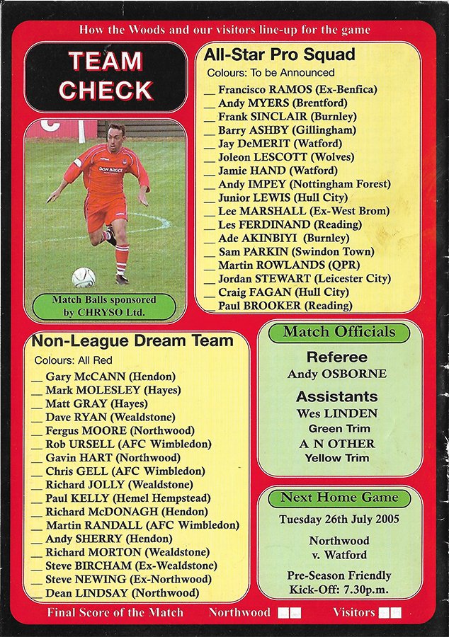 𝙒𝙊𝙊𝘿𝙎 𝙋𝙍𝙊𝙂𝙍𝘼𝙈𝙈𝙀𝙎 𝙊𝙉 𝙏𝙃𝙄𝙎 𝘿𝘼𝙔 14 May 2005 All-Star Charity match Non-League Dream Team v All-Star Pro Squad at Northwood Park