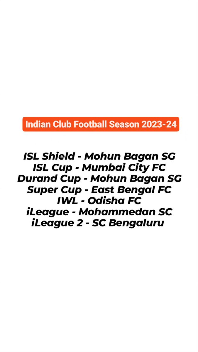 Indian Club Football Season 2023-24

#ISLShield - #MohunBaganSG
#ISLCup - #MumbaiCityFC
#DurandCup - #MohunBaganSG
#SuperCup - #EastBengalFC
#IWL - #OdishaFC
#iLeague - #MohammedanSC
#iLeague2 - #SCBengaluru 

#IndianFootball