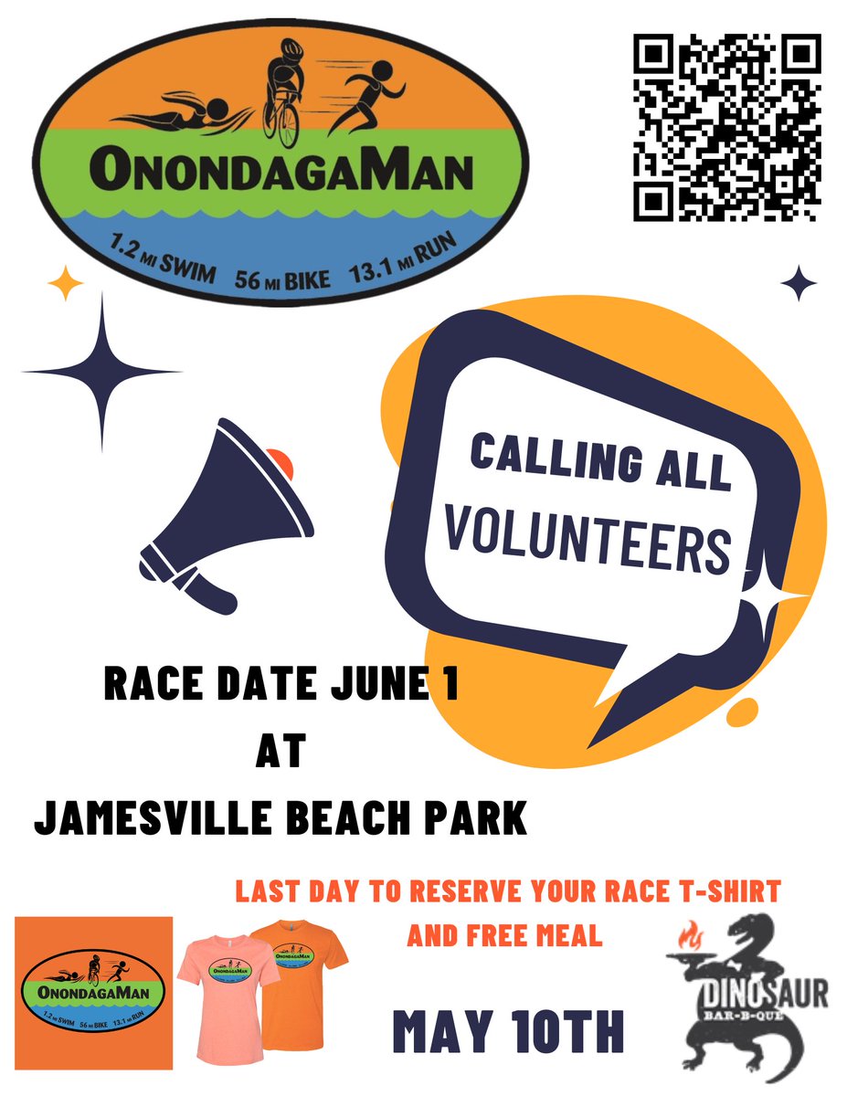 🚨 Call for Volunteers🚨 
Help the OnondagaMan triathlon this year on June 1, 2024. Click the link for more details. #VisitSyr
bit.ly/4bvU5em
