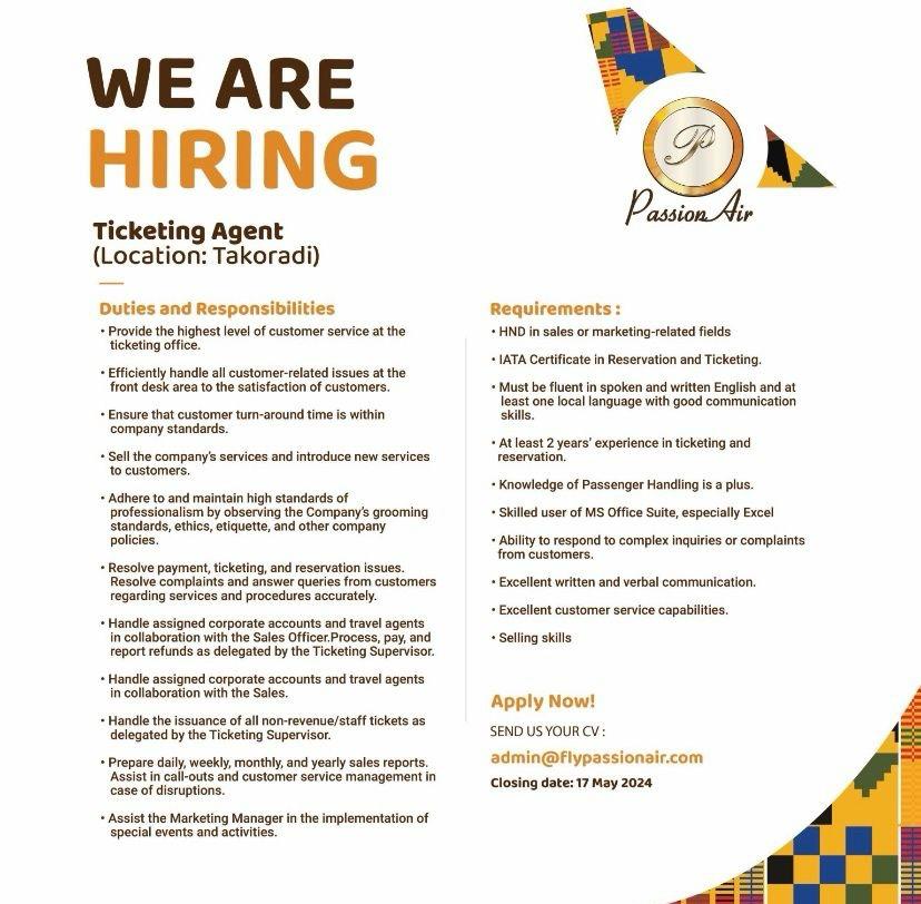 Ticketing Agent. SEND US YOUR CV : admin@flypassionair.com Closing date: 17 May 2024