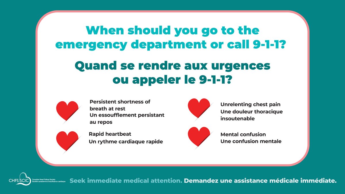 Your heart doesn't wait, and neither should you. If you notice any of these symptoms, it's time to call 911 or visit the emergency department. #HeartFailureWeekCan