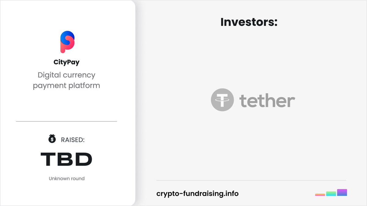 Digital currency payment platform CityPay received funding from @Tether_to. Amount is not disclosed. crypto-fundraising.info/projects/cityp…