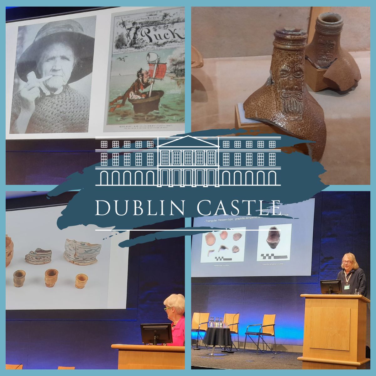 An amazing time at the @dublincastleOPW Conference last week for two of our team members. Elaine Lynch and Hannah Preston learned about the fascinating artefacts uncovered during the excavations of the North-West Tower: clay pipes, wig curlers, pottery and more! #Irisharchaeology