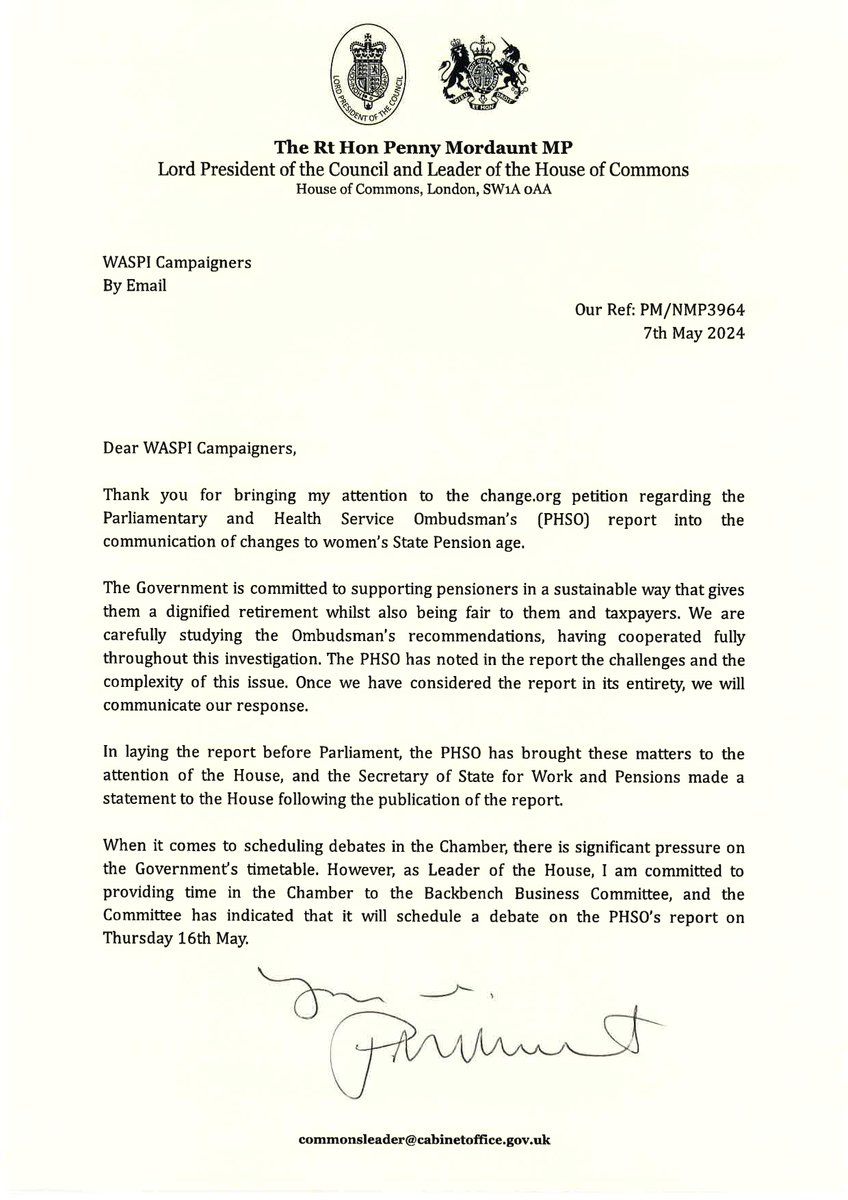 This is the shocking response from @PennyMordaunt to our letter asking for time for a debate on #WASPI compensation. The govt isn't ready yet to make a proper statement, it seems, while one #1950swoman dies every 13 minutes as they prevaricate. change.org/p/mps-must-vot…