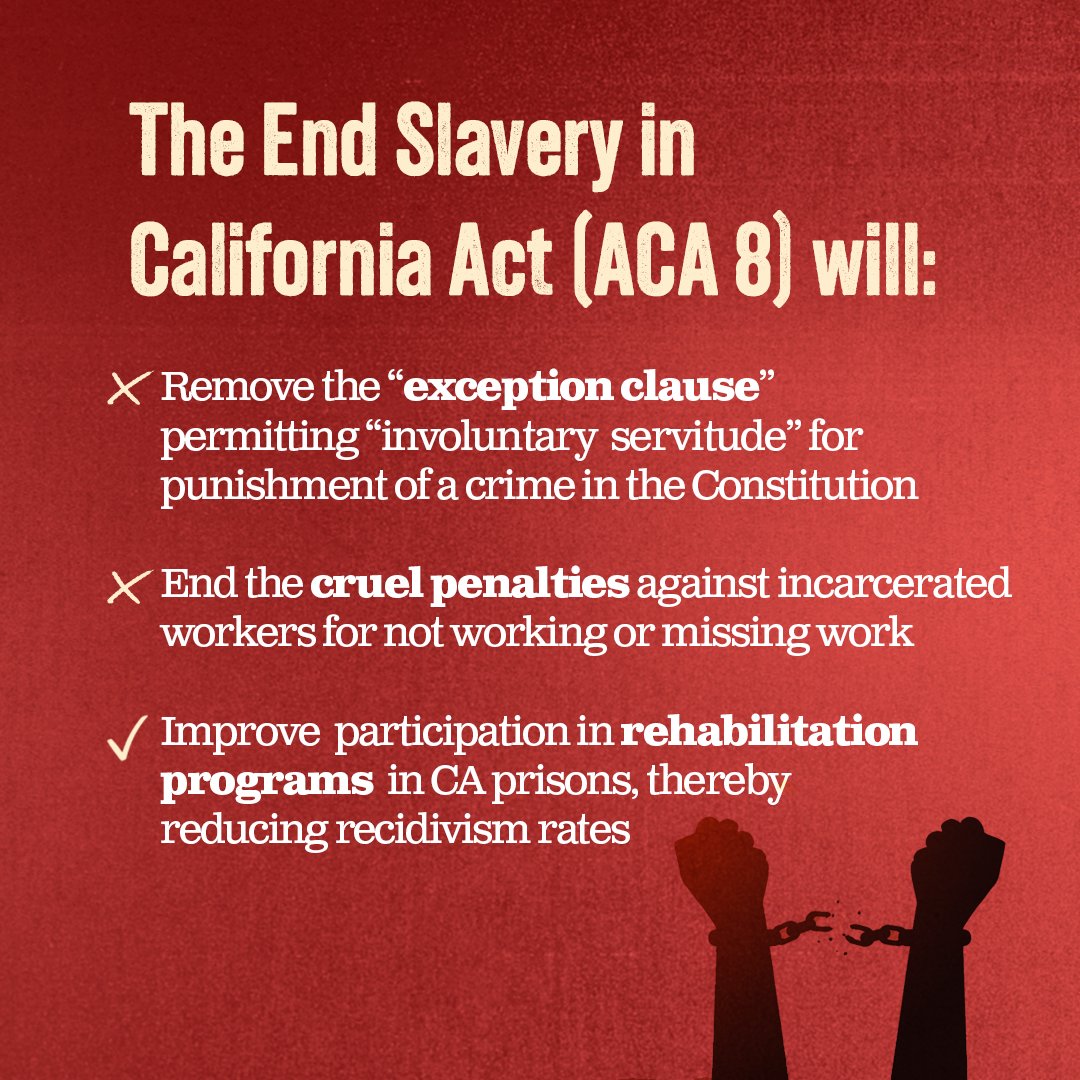 In 2024, slavery is still alive in California in the form of involuntary servitude. The CA Constitution has language that forces incarcerated people to work against their will. Tell your CA Senator to support #ACA8 and help us to #EndSlaveryinCA findyourrep.legislature.ca.gov