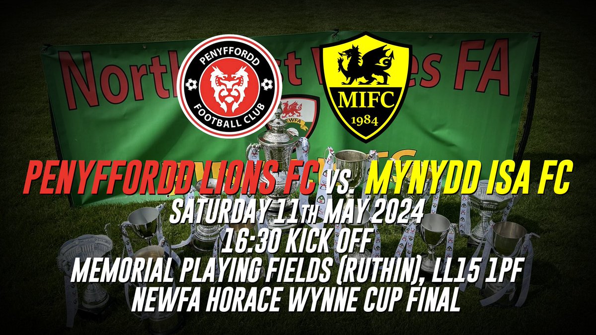 TOMORROW ⏳🏆

We head to Ruthin tomorrow as we face off against <a href="/penyfforddfc/">Penyffordd Football Club</a> in the <a href="/NEWalesFA/">North East Wales FA</a> Horace Wynne Cup Final! Both sides will be looking to add to the silverware won in recent weeks. Looks like it's going to be a warm one &amp; hopefully a good game to boot! #uptheisa 🟡⚫