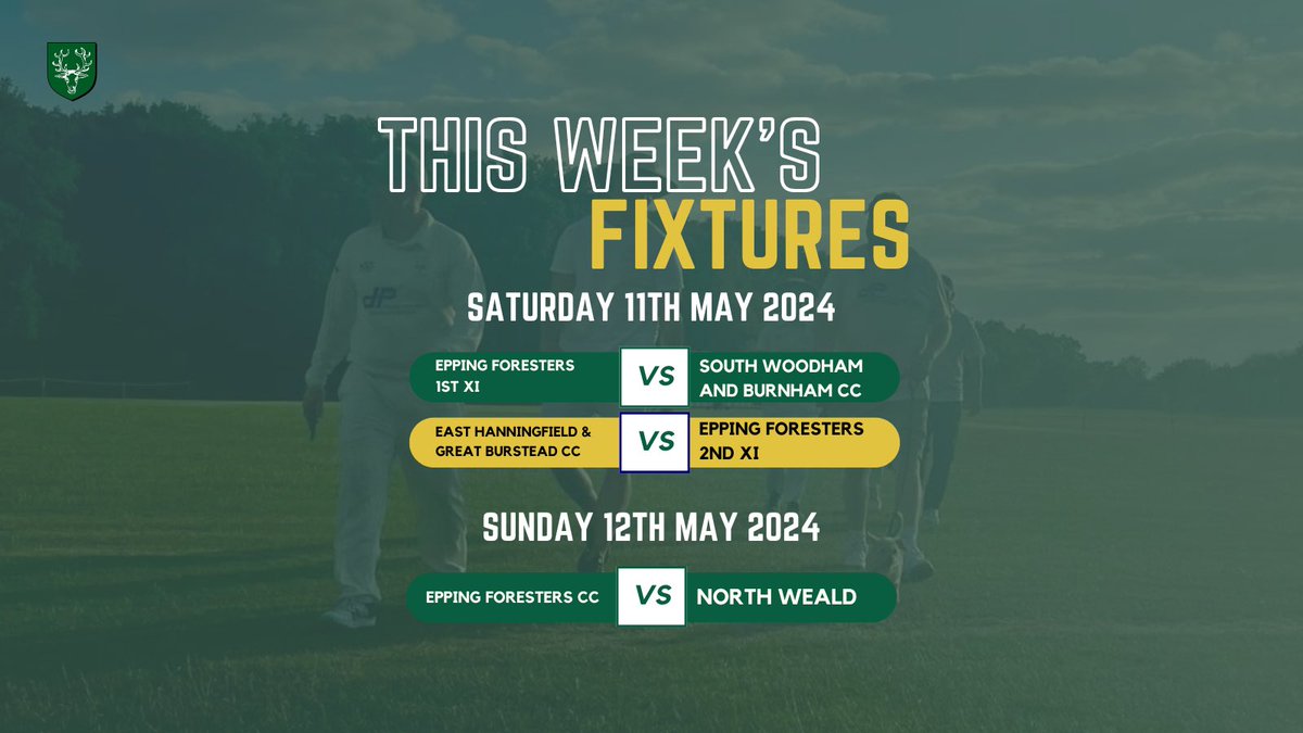 Epping Foresters CC (@eppingforesters) on Twitter photo All 3 of our teams playing are playing this weekend 🏏
Here’s who we are facing next:
Saturday⬇️
Our 1st XI are at home to South Woodham & Burnham CC 
And our 2nd XI are away to East Hanningfield & Great Burstead
Sunday⬇️
We are away to North Weald
Team news tomorrow👀 All 3 of our teams playing are playing this weekend 🏏
Here’s who we are facing next:
Saturday⬇️
Our 1st XI are at home to South Woodham & Burnham CC 
And our 2nd XI are away to East Hanningfield & Great Burstead
Sunday⬇️
We are away to North Weald
Team news tomorrow👀