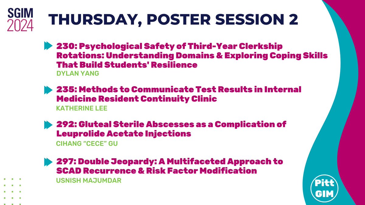 Checking out #SGIM24 poster session 2? Here are some posters we think you'll like, with @AnneArnason, @TomRadomskiMD, @TimAndersonMD, @PriSolankiMD, @drewjklein, @DylanFortman, @CaseyMcQuadeMD, & @UPMCMercyIM's @asma_mohammadi7 👇