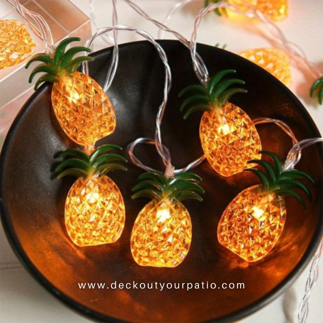 Brighten your outdoor space with our pineapple string lights! These battery-powered, 10-light sets are perfect for parties, birthdays, or just adding a tropical touch to your decor . #PatioLights #DeckOutYourPatio #OutdoorDecor #TropicalVibes #PartyLights #HomeDecor #SummerFun