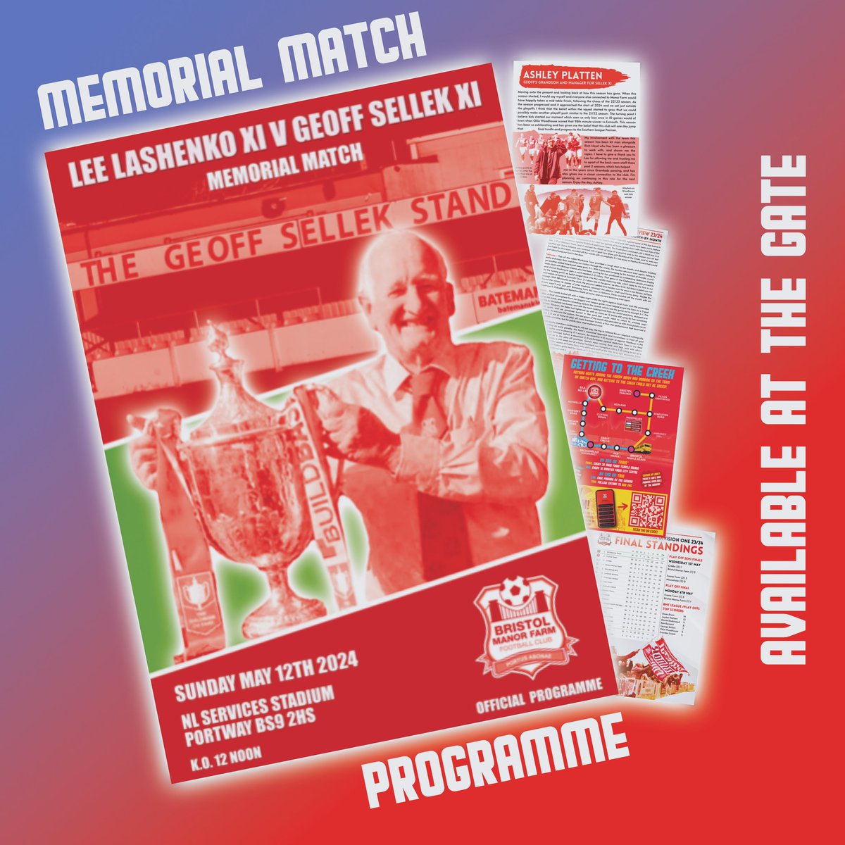 Season is over but there’s one more programme to go, and it’s a special one for the Geoff Sellek Memorial Match on Sunday May 12th, with the current squad and returning legends on the hallowed Creek turf at 12 noon.. if you go down, pick up a copy! @ManorFarmFC