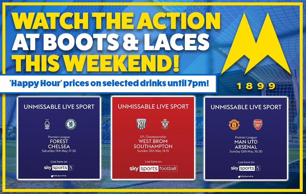 📺 More Big Match Action In Boots & Laces This Weekend! United fans seeking their football fix can catch all the big Premier League & Championship Play-Offs action right here at Boots & Laces this weekend! 🍻 Happy Hour on selected drinks until 7pm! #tufc