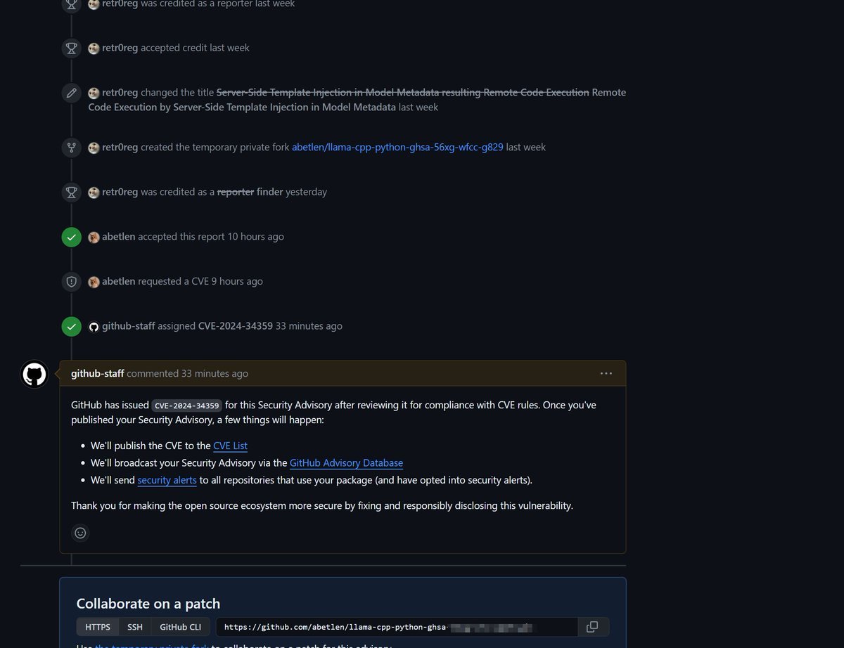 LLM popular Dependency Llama-cpp-Python RCE 0-day✅ Found a week after my 15th birthday. Around 1.3k Project are effected (via GH Search), including your favourite langchain, llama-index.... This felt great but also reminds of how effective Supply-Chain Attack can be in ML/AI.