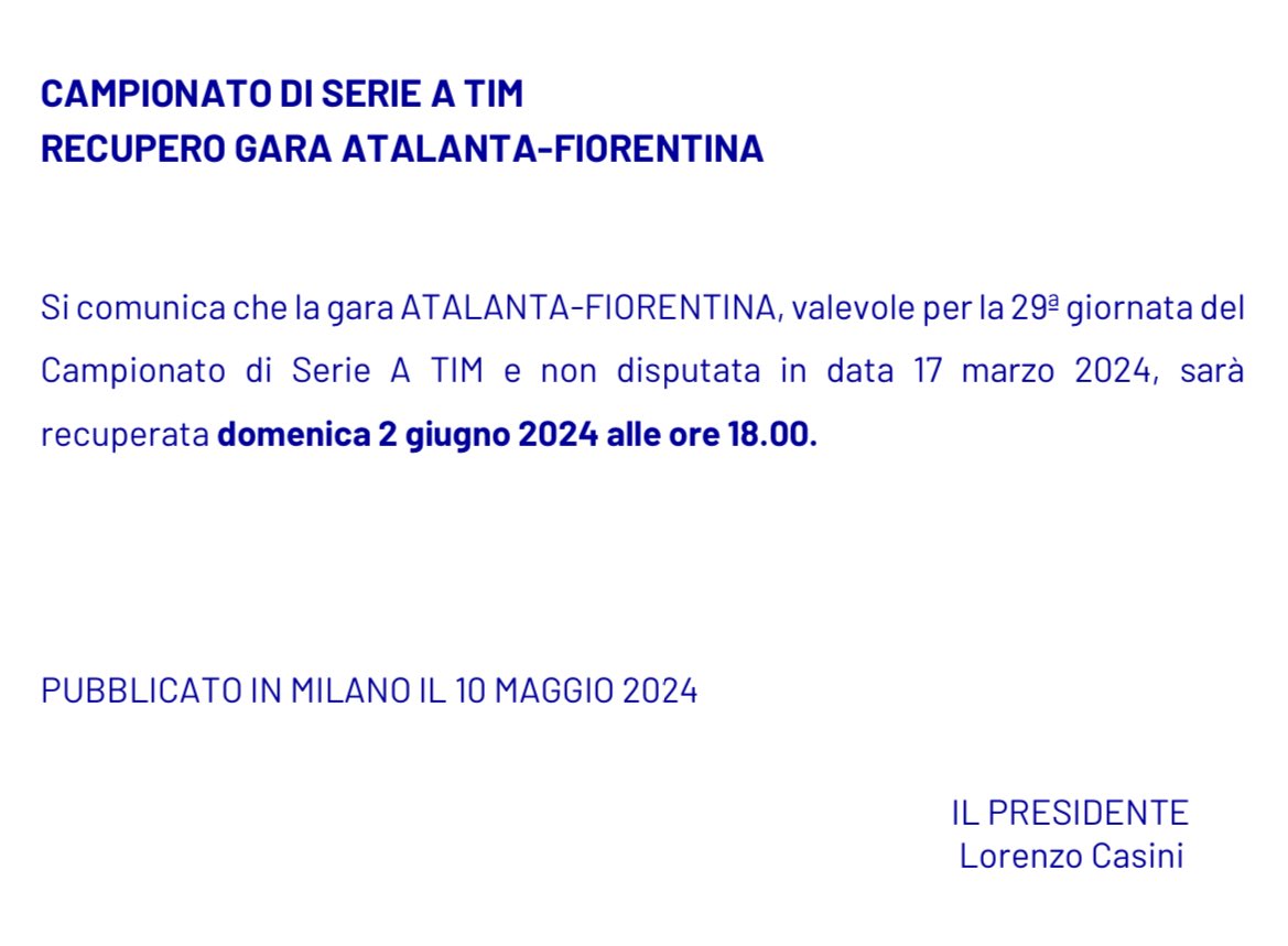 ‼️ Ufficiale: il recupero di #AtalantaFiorentina si gioca domenica 2 giugno alle ore 18