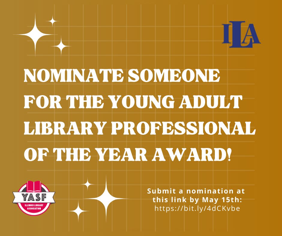 Do you know of an Illinois library professional who is making a difference with teens? Nominate them for the Young Adult Library Professional of the Year Award! Nominations are due by May 15th, and you can even nominate yourself: bit.ly/4dCKvbe @IllLibraryAssoc
