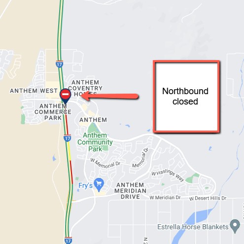 *CLOSURE* I-17 northbound is CLOSED in Anthem. The closure is due to a law enforcement situation at Anthem Way. For real-time traffic info, check az511.gov & the AZ511 app: 📱 Apple: apple.co/3iOziwq 📱 Android: bit.ly/3R4iMHt