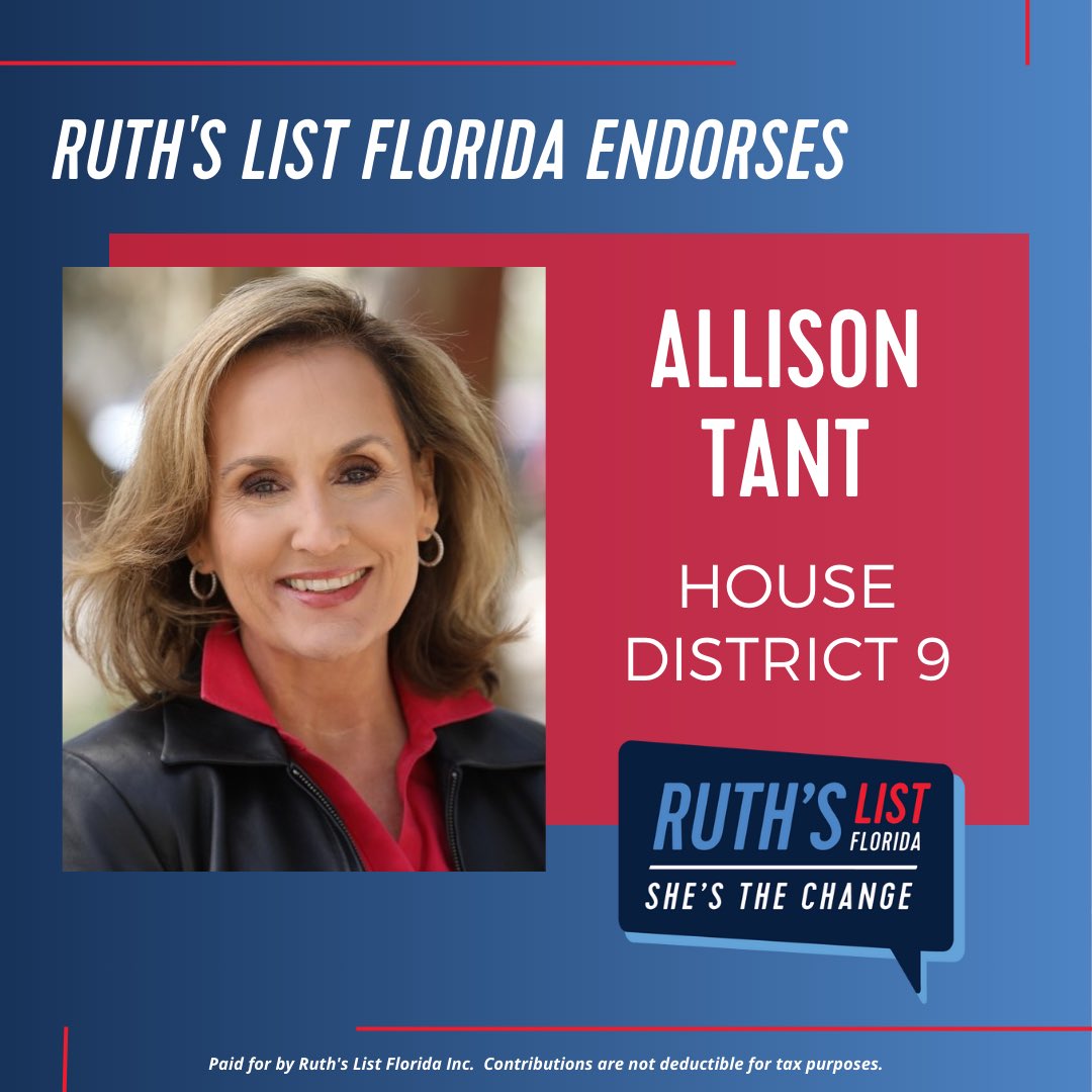 Ruth’s List is proud to endorse Rep. @AllisonTantFL! Rep. Tant is a force in the Florida House for the rights and dignities of women, children, and families. She is one of our most ardent champions, so help us send her back to the Capitol this November at: secure.actblue.com/donate/re-eele…