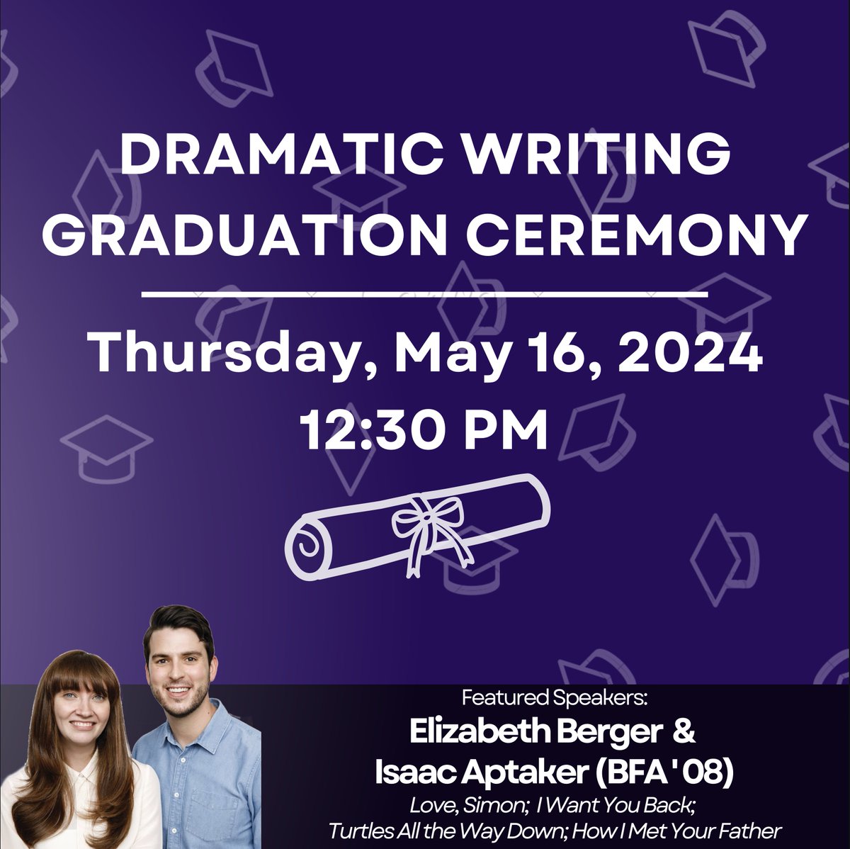 Can't attend the Dramatic Writing Graduation Ceremony in person? You can view it online! Click the ZOOM link in our profile and help us congratulate this year's graduating class.  #linkinbio #violetpride #nyuddw #graduation #congratulations