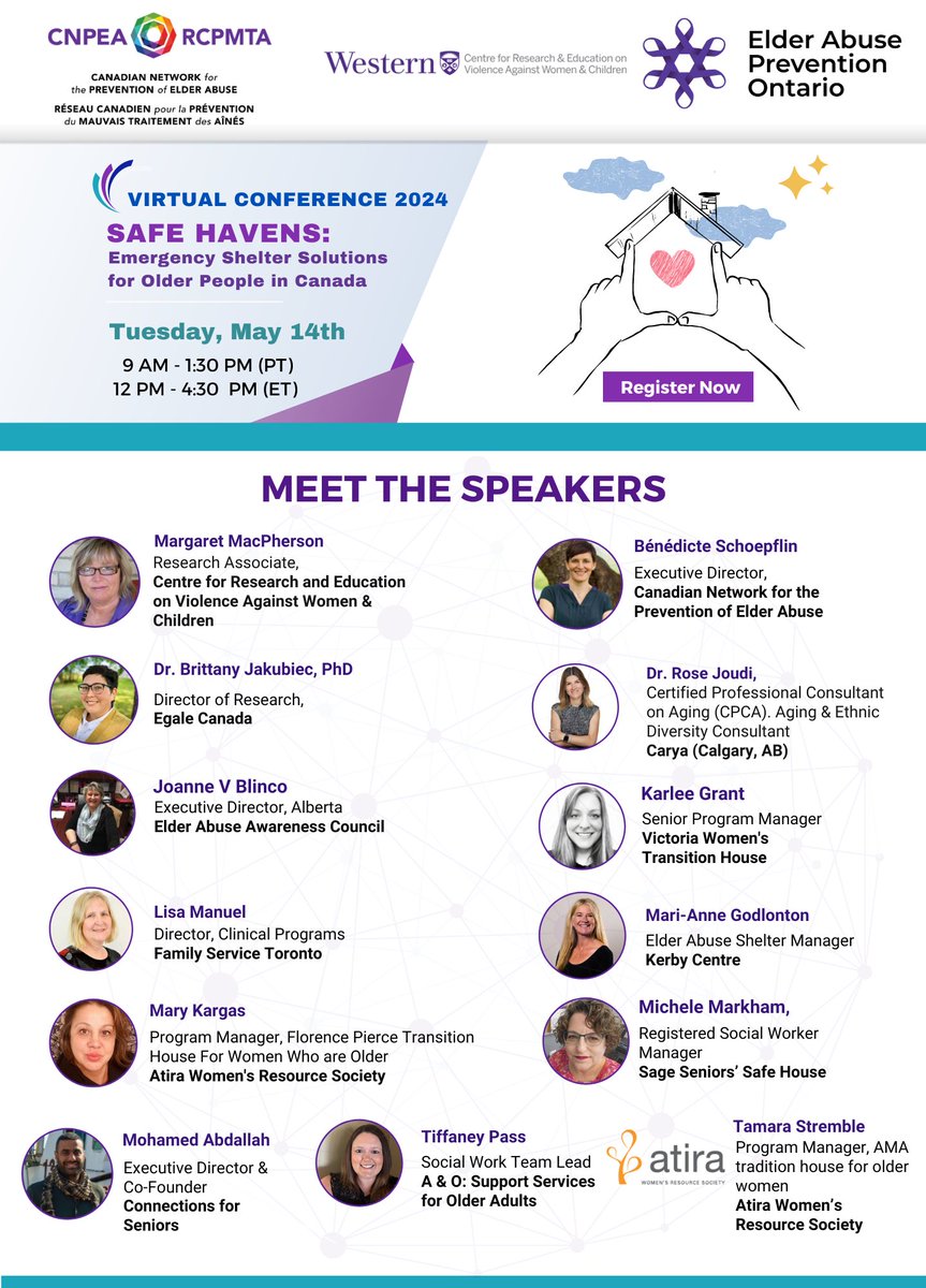 📢 Meet the Speakers and don't forget to register for upcoming conference co-hosted by @cnpea, @CREVAWC and @EAPreventionON : ✅Safe Havens: Emergency Shelter Solutions for Older Canadians 🗓️May 14 | 12:00 - 4:30 (ET) Register Now ▶️site.pheedloop.com/event/SafeHave… #IPV #seniors