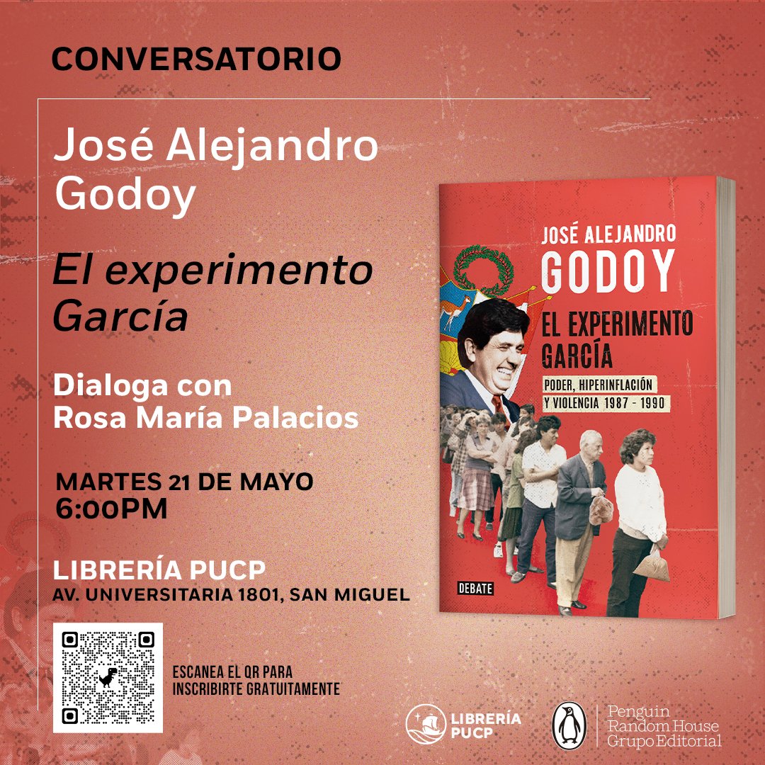 #Agenda El próximo martes 21 de mayo a las 6pm en Librería PUCP tendremos un conversatorio sobre el libro El experimento García de @jgodoym Dialogará con el autor, la periodista @rmapalacios 📲Registro gratuito en: forms.gle/Vhpg6sgRJKmwKV…