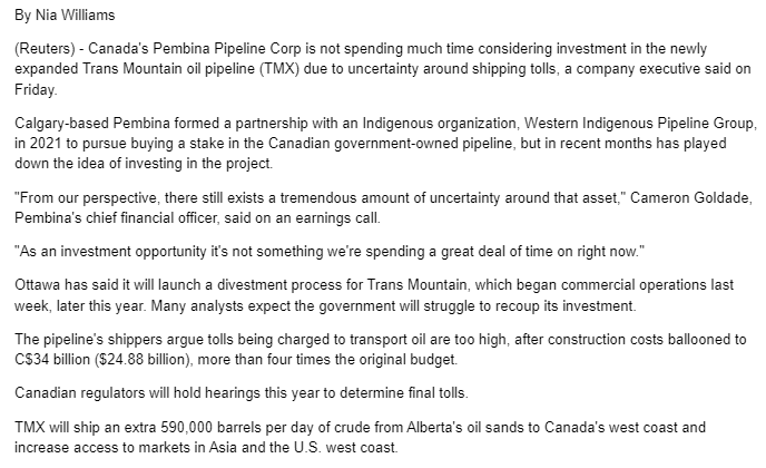 Canada's Pembina plays down potential investment in Trans Mountain pipeline