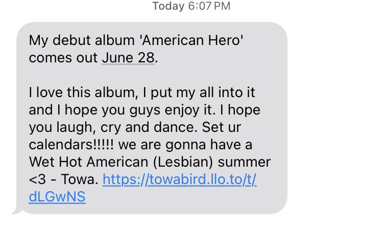 Towa’s newsletter about ‘American Hero’ release date - pre-save: towabird.lnk.to/americanhero
