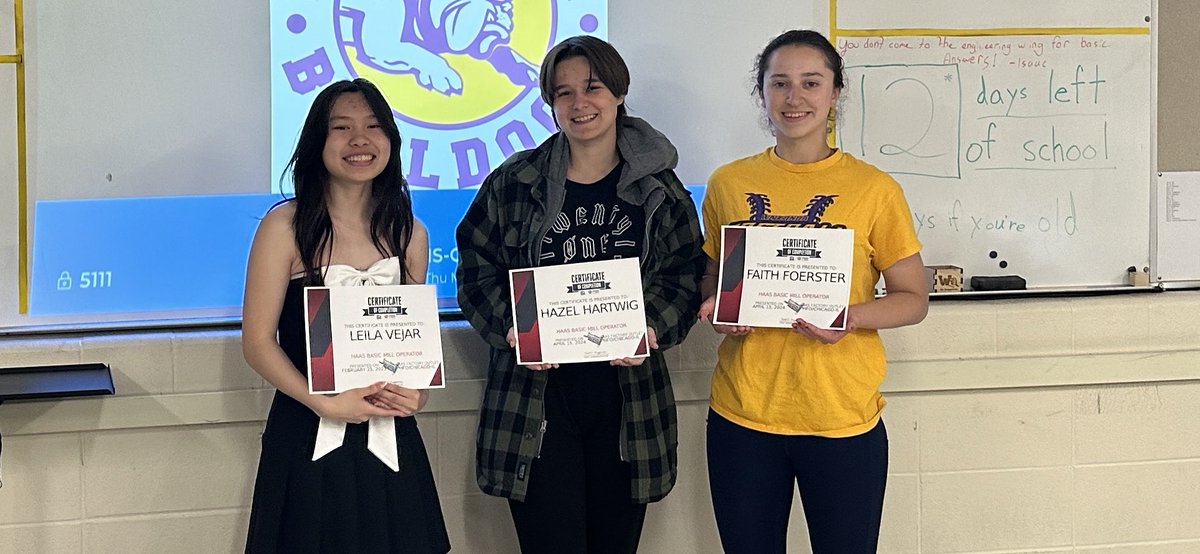 WHS PLTW Computer Integrated Manufacturing Class. Congratulations to our Lady engineers! They are the first female students to earn their Certifications as HAAS mill operators!