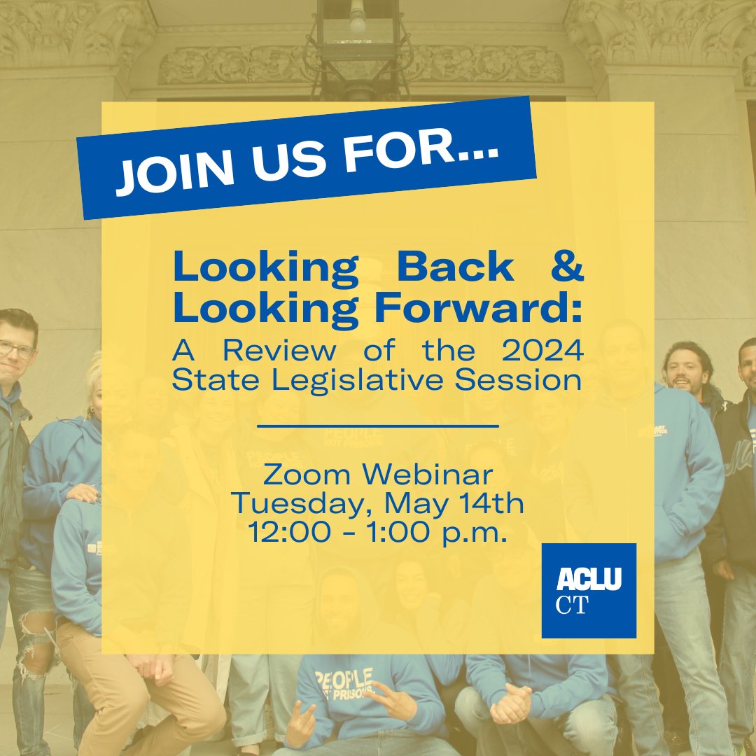 With the end of the legislative session this week, we want to reflect on all the work the ACLU of CT has done with Smart Justice Leaders and partner organizations. Join us on Tuesday, May 14th for a legislative wrap-up webinar! acluct.org/en/looking-for…