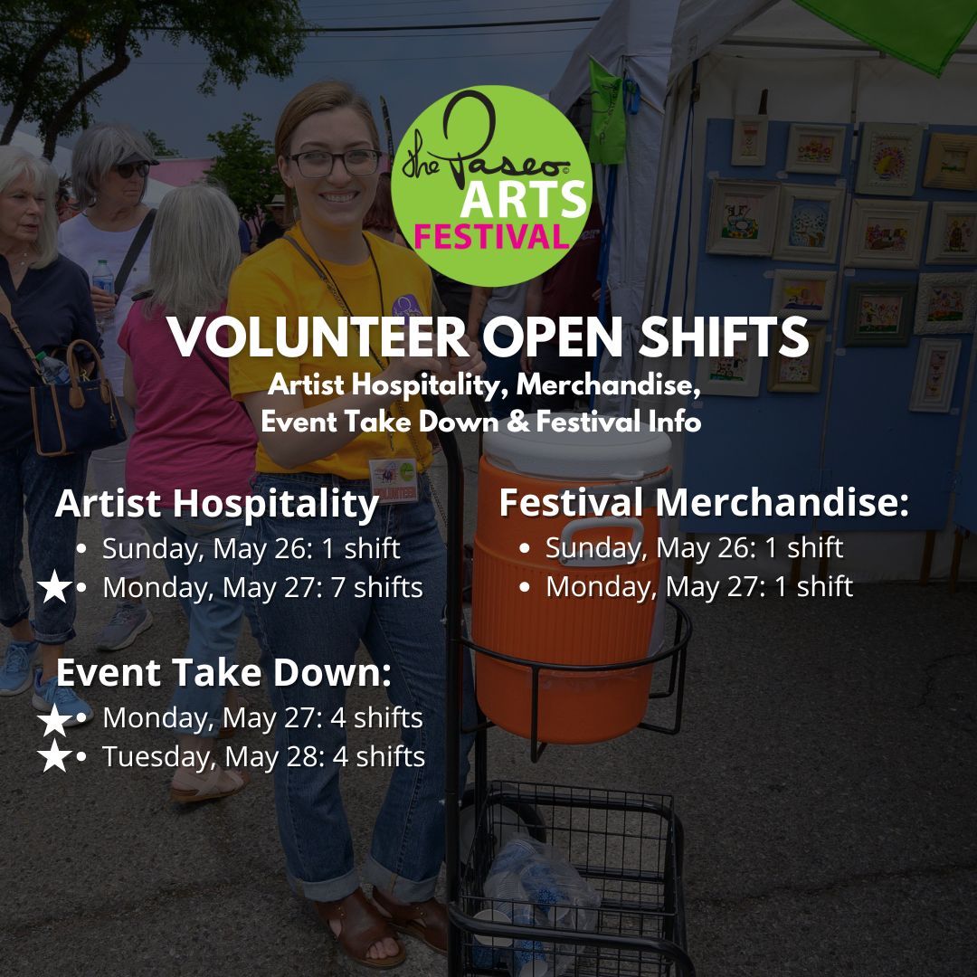 The 47th Annual Paseo Arts Festival is only TWO WEEKS AWAY! We're still looking for volunteers in some of the most important areas. Shifts that are prioritized will have a star next to them! Sign up by clicking the link here: buff.ly/34nJGUW
