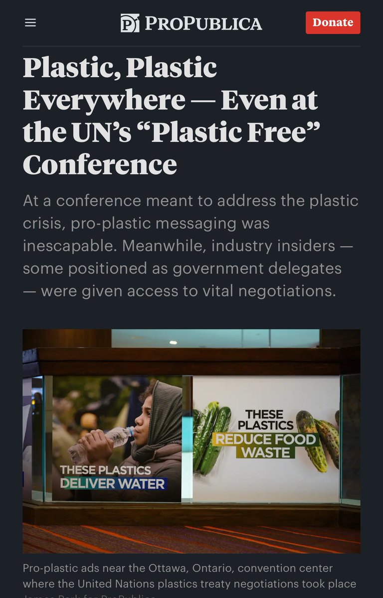 The Plastic Industry’s Power Over The UN #PlasticsTreaty in focus “Negotiators should consider measures “to protect against undue influence of corporate actors with proven vested interests that contradict the goals of the plastics treaty” Read @lisalsong propublica.org/article/plasti…