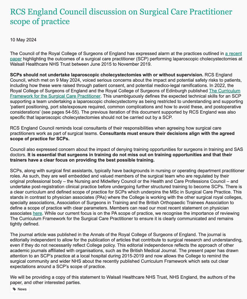 ASiT (@asitofficial) on Twitter photo We thank <a href="/RCSnews/">The Royal College of Surgeons of England</a> for this clear statement, with safe surgical practice and trainees at its core
SCPs have a well defined scope of practice: performing parts of a lap cholecystectomy with or without supervision has never been acceptable
We are thankful for the reminder to We thank <a href="/RCSnews/">The Royal College of Surgeons of England</a> for this clear statement, with safe surgical practice and trainees at its core
SCPs have a well defined scope of practice: performing parts of a lap cholecystectomy with or without supervision has never been acceptable
We are thankful for the reminder to