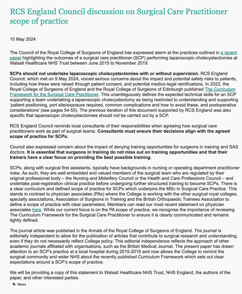 We thank @RCSnews for this clear statement, with safe surgical practice and trainees at its core SCPs have a well defined scope of practice: performing parts of a lap cholecystectomy with or without supervision has never been acceptable We are thankful for the reminder to…