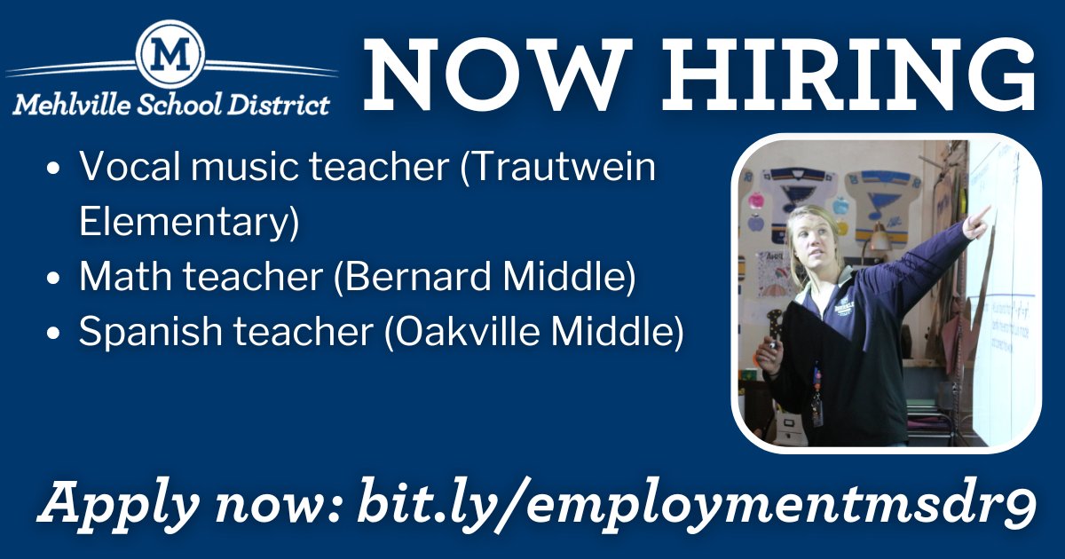 MehlvilleSD's tweet photo. We have new openings for teachers for the 2024-2025 school year! Please share this post with anyone who is a good fit for these positions. Visit https://t.co/VRpfSzpuQ4 to learn more and to apply! #msdr9 https://t.co/BkIihzV9Da