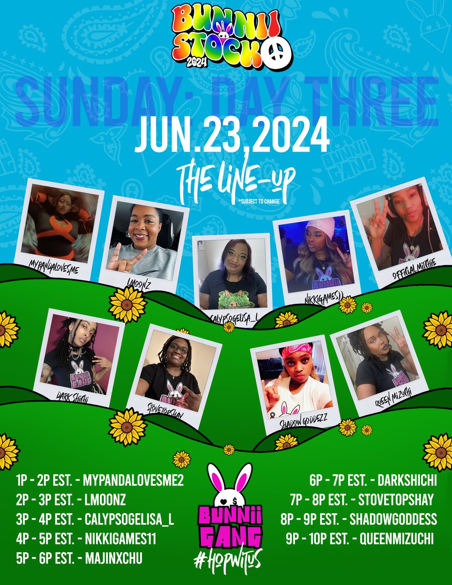 HEY GANG, THE LINE-UP FOR #BUNNIISTOCK2024 IS HERE!!! ROAD TO BUNNIISTOCK STARTS JUNE 17TH, 2024, LEADING RIGHT INTO BUNNIISTOCK WEEKEND!!! #BUNNIIGANG #HOPWITUS 🤘🏿🐰