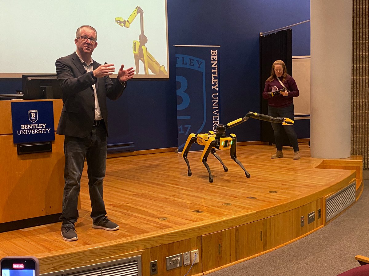Most anticipated guest at the Bentley Alumni Conference: Spot the Robot (accompanied by Chad Wright, MSCIS ‘01, CIO at Boston Dynamics, and Spot’s robot wrangler, also a @bentleyu grad!)