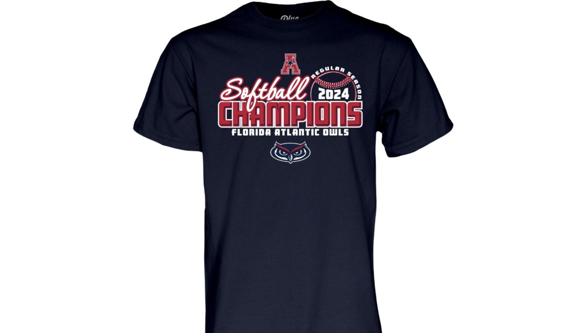 Check out these Florida Atlantic Softball 2024 AAC Regular Season Champion t-shirts available at the bookstore with the link below!🥎 Watch our Owls today in the semifinals of the conference tournament on ESPN+ at 3:30 P.M. bkstr.com/faustore/produ…