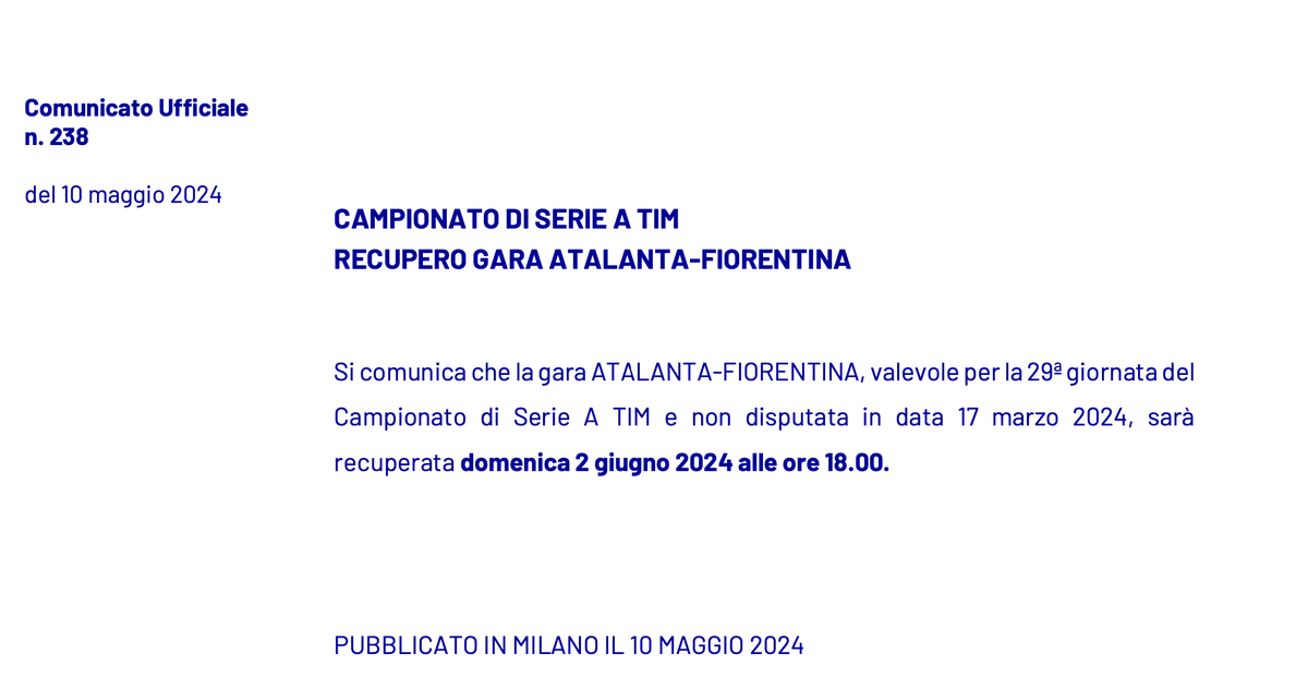 Ecco la programmazione della 37esima giornata e il recupero di #AtalantaFiorentina #SerieA @sportface2016