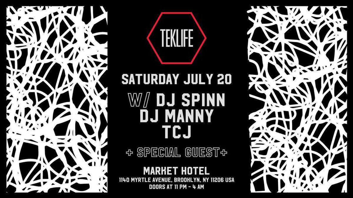 TEKLIFE SUMMER PARTY Brooklyn
JULY 20th 2024 
At Market Hotel @markethotelnyc 
DJ SPINN @DJ_Spinn 
DJ MANNY @Manny_music420 
TCJ @cbtcj 
+ special guest 
Projections by @Ashes57 

venuepilot.co/events/106375/…

Discount code is 'TEKLIFESUMMER'  for 15% - valid till June 1st