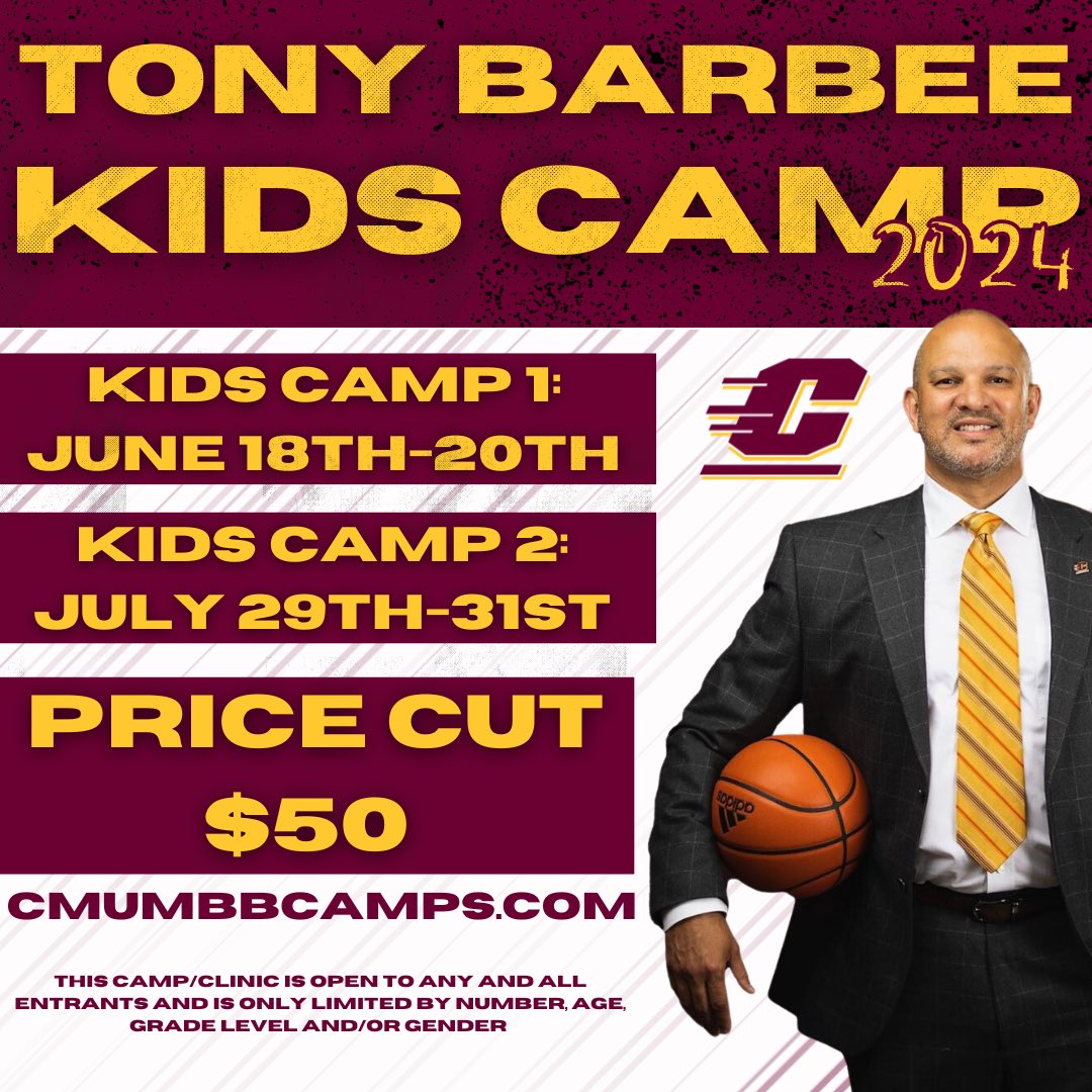 🚨Tony Barbee Basketball Camps are back & almost here🚨 $50 PRICE CUT‼️ Sign up today at cmumbbcamps.com #FireUpChips🔥⬆️🏀