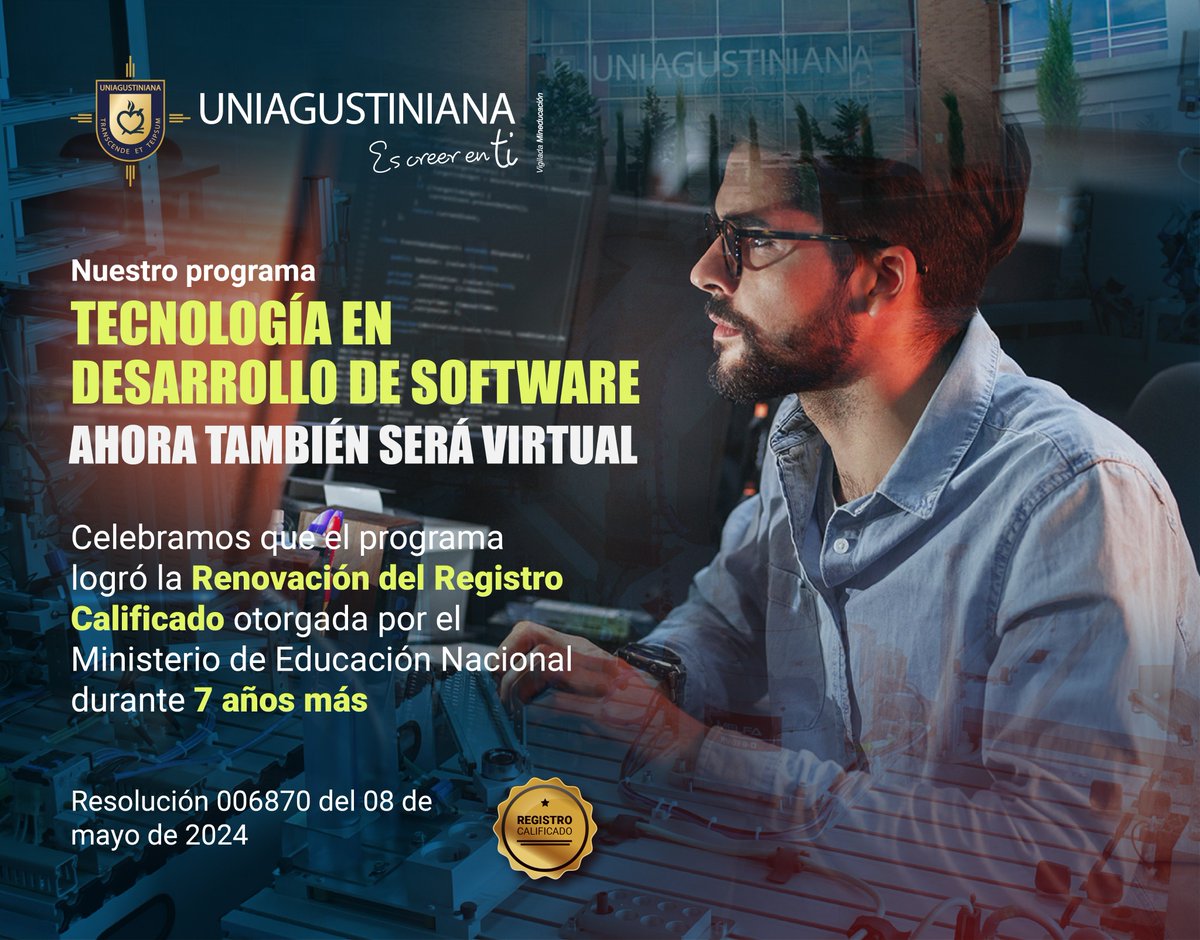 UniagustOficial's tweet photo. 🎖️ Nos complace anunciar que nuestro programa de Tecnología en Desarrollo de Software ha obtenido la renovación del registro calificado por el @Mineducacion 👏🏻 https://t.co/WfhMpQX9T9