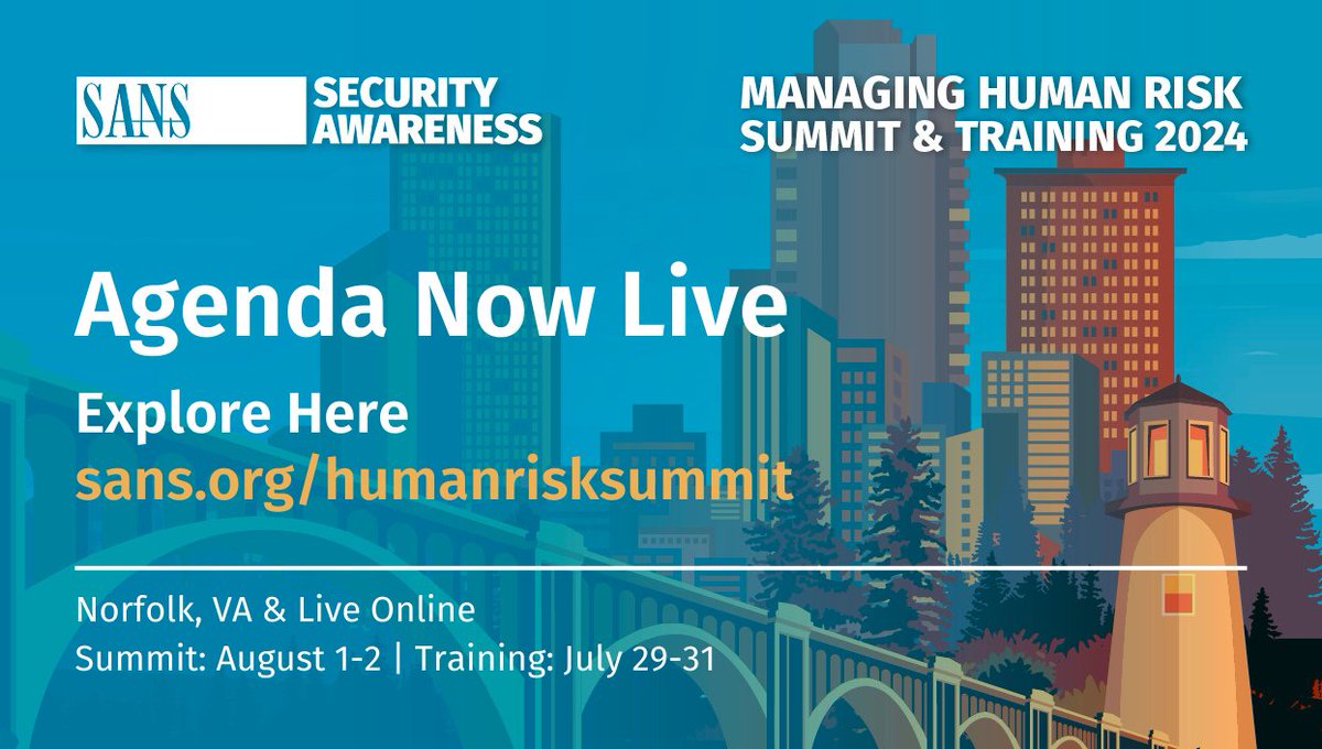 The agenda for SANS #HumanRiskSummit is live! From sessions on security culture, managing human risk, interactive workshops (exclusive for in-person attendees) & incredible networking, you won't want to miss this one! Secure Your Seat | Aug 1-2 sans.org/u/1tys