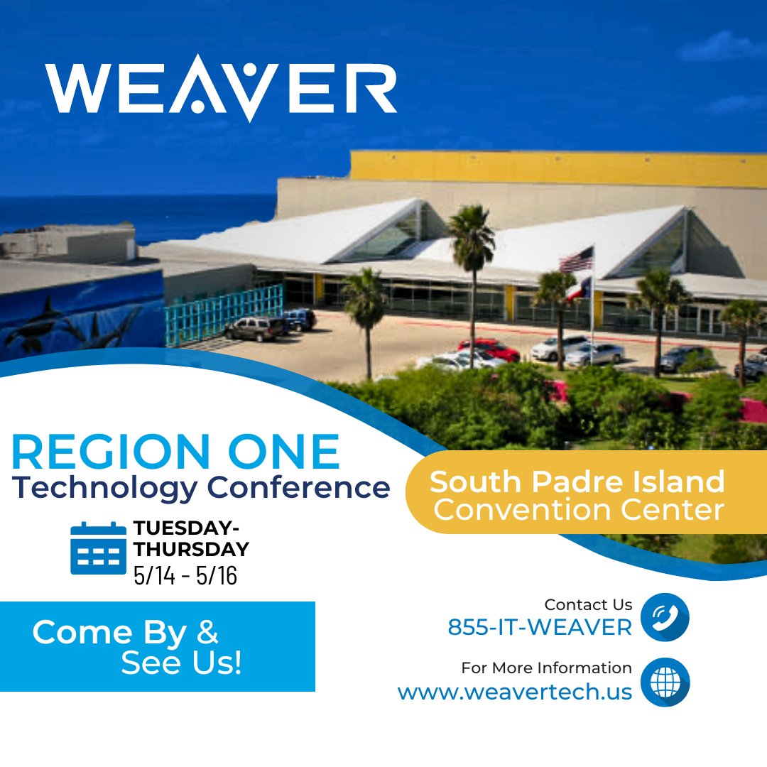 Weaver_Tech's tweet image. Weaver Technologies is excited to attend the Region One Technology Conference from May 14th-16th! Join us to explore innovative IT solutions and discover how we can transform your business. See you there! #WeaverTech #RegionOneTech #ITSolutions
